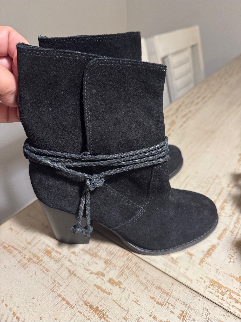 Splendid Black Suede Braided-Wrap Ankle Boots some peeling inside